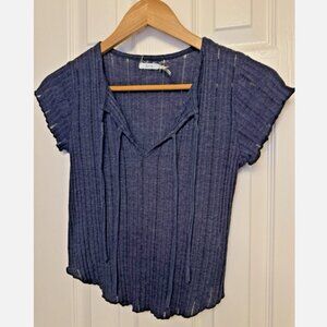 Kimchi Blue Blue Sheer Stripe Tie Neck Top | Size Small